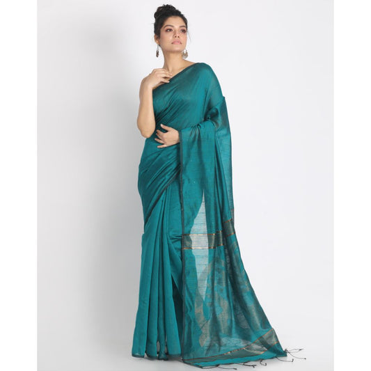 Women's Teal Hand Woven Cotton Silk Jamdani Saree
