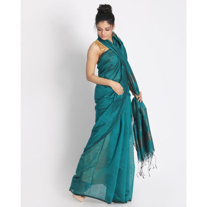 Women's Teal Hand Woven Cotton Silk Jamdani Saree