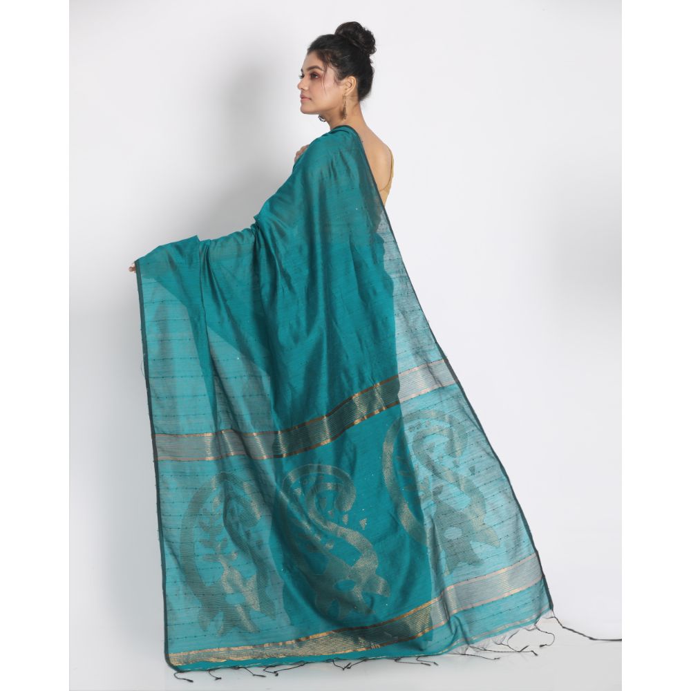Women's Teal Hand Woven Cotton Silk Jamdani Saree