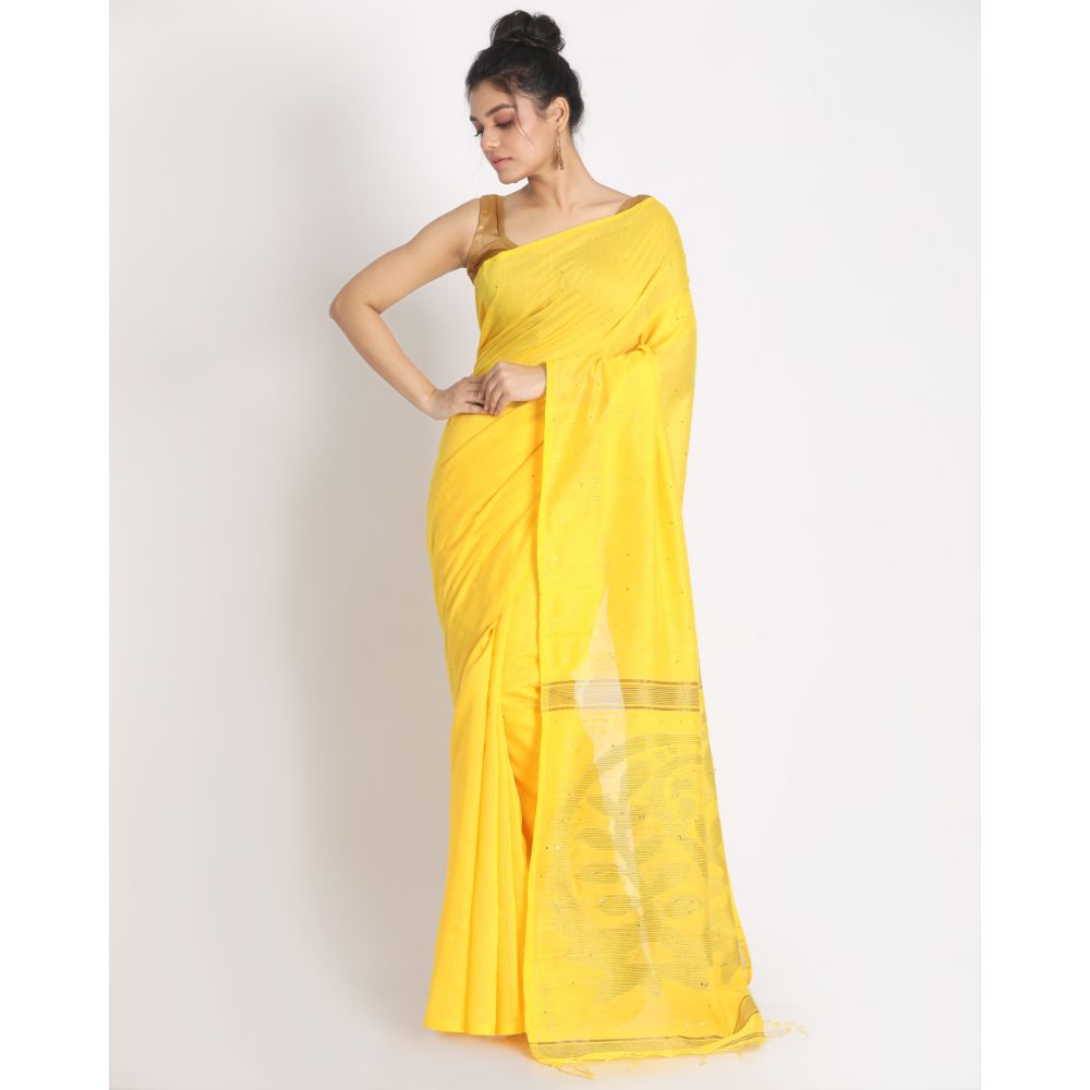 Women's Yellow Hand Woven Cotton Silk Jamdani Saree