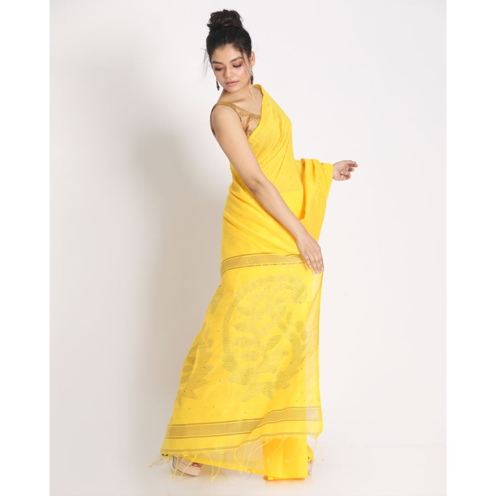 Women's Yellow Hand Woven Cotton Silk Jamdani Saree