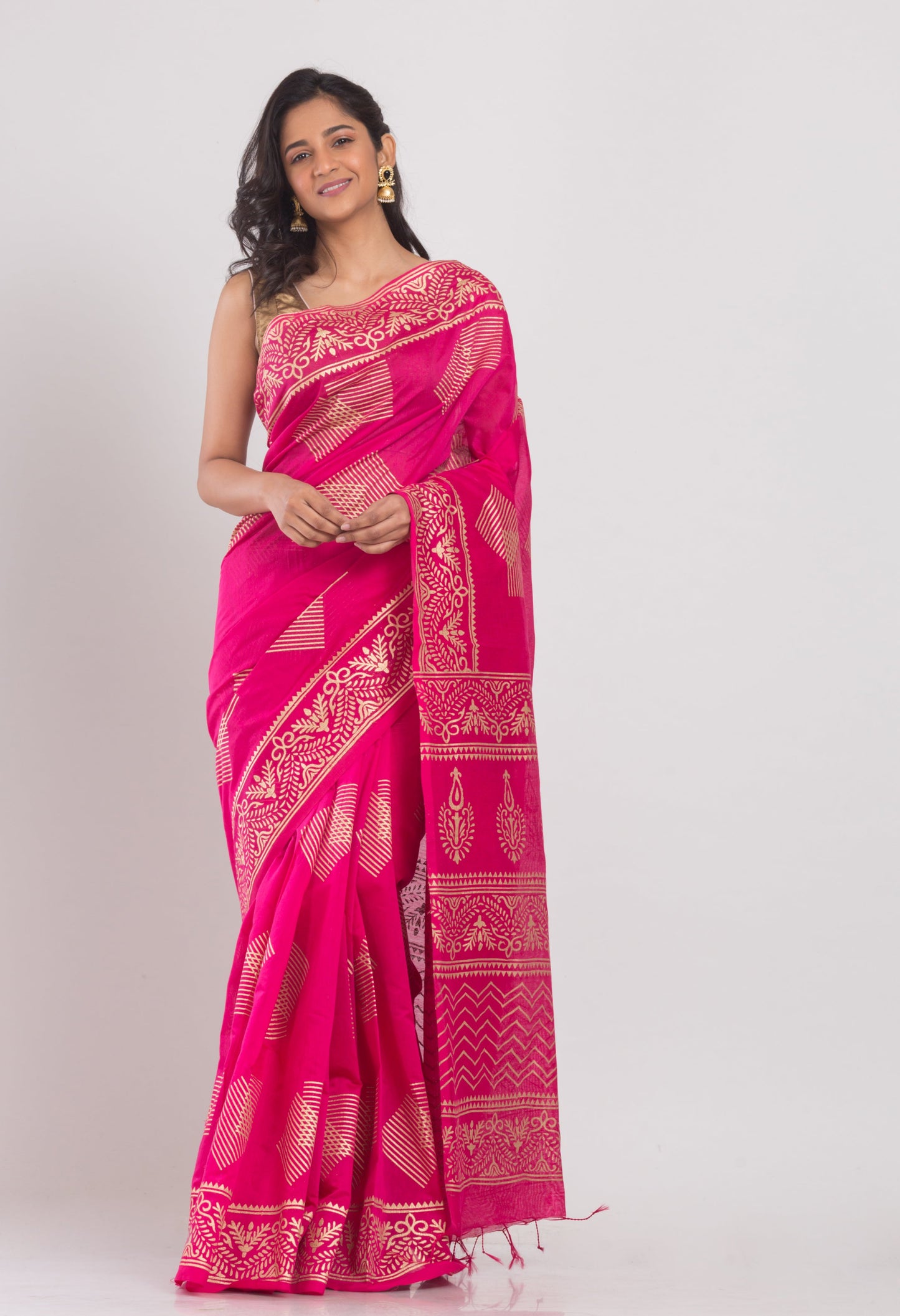 Women's Pink Hand Woven Cotton Silk Printed Saree