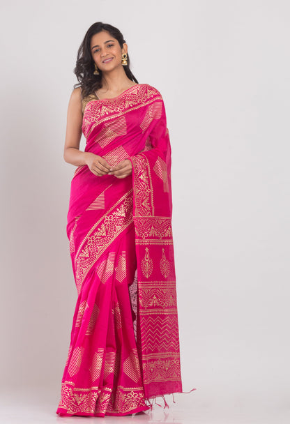 Women's Pink Hand Woven Cotton Silk Printed Saree