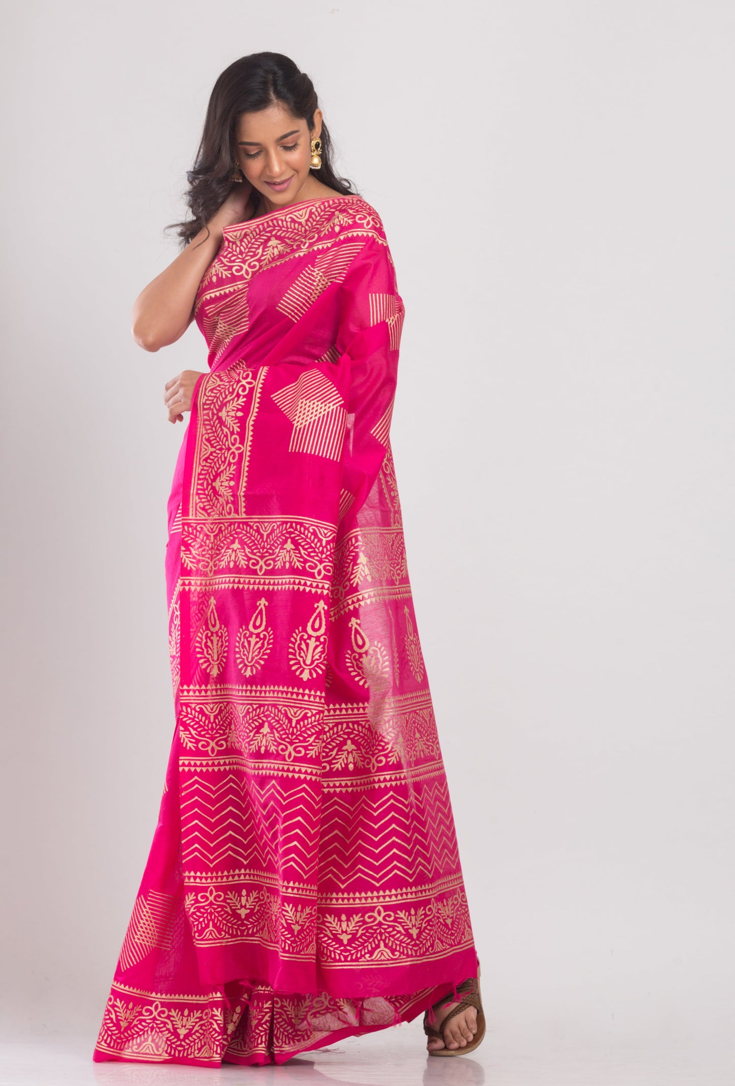 Women's Pink Hand Woven Cotton Silk Printed Saree