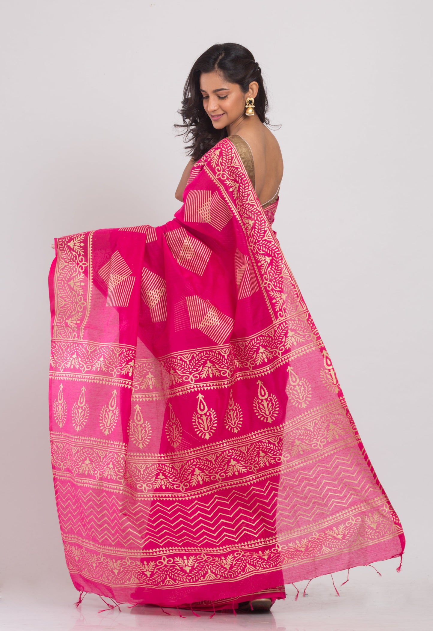 Women's Pink Hand Woven Cotton Silk Printed Saree