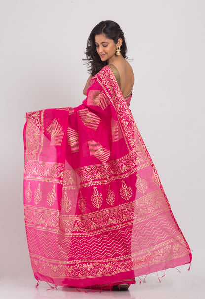 Women's Pink Hand Woven Cotton Silk Printed Saree