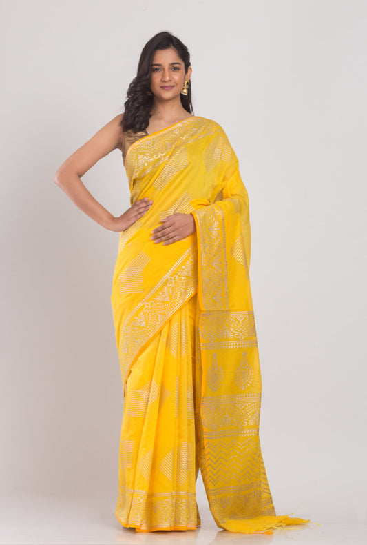 Women's Yellow Hand Woven Cotton Silk Printed Saree