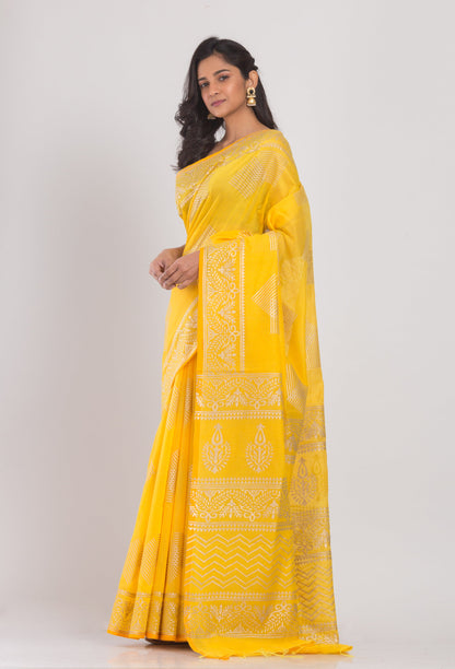 Women's Yellow Hand Woven Cotton Silk Printed Saree