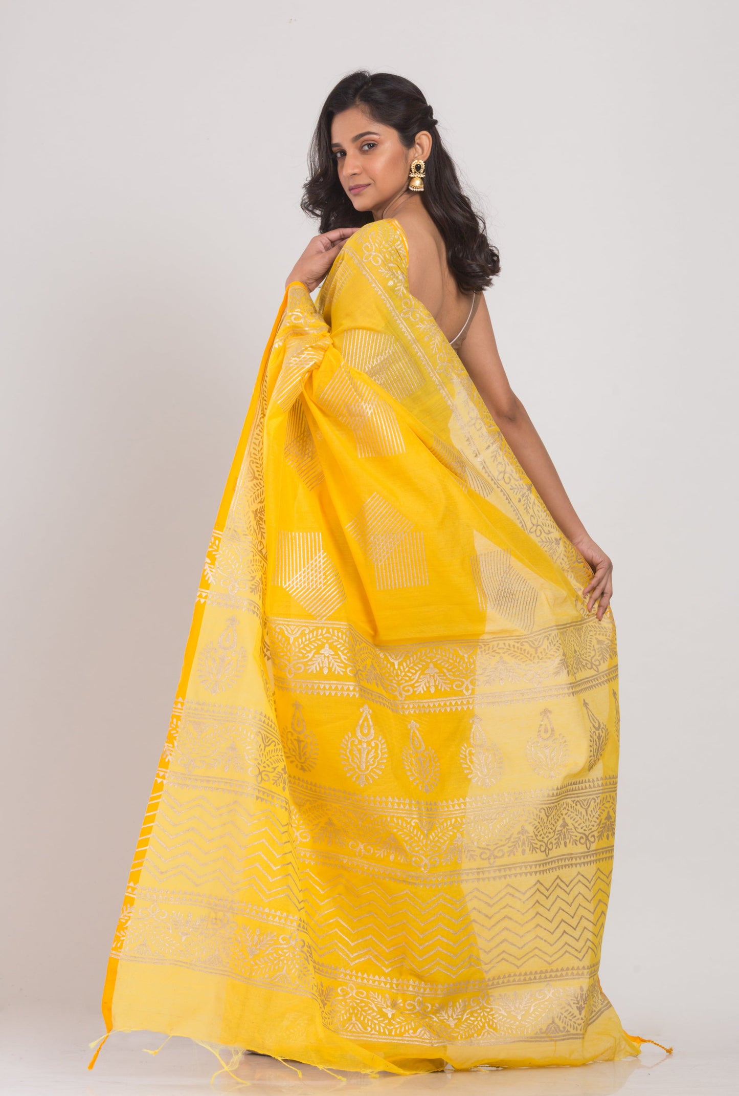 Women's Yellow Hand Woven Cotton Silk Printed Saree