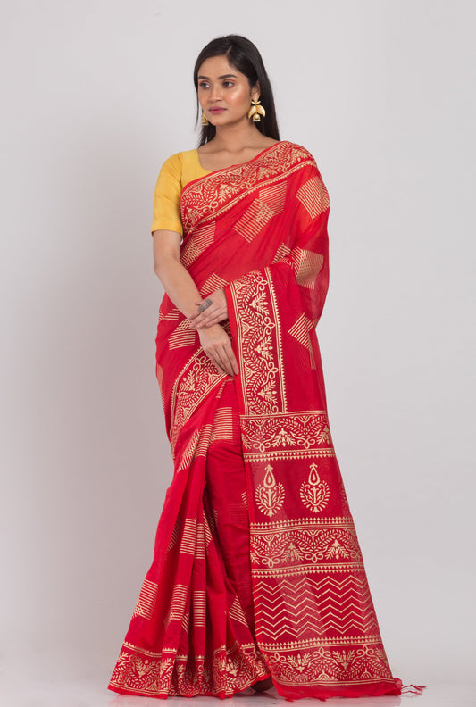 Women's Red Hand Woven Cotton Silk Printed Saree