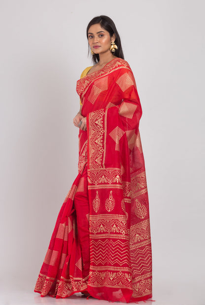 Women's Red Hand Woven Cotton Silk Printed Saree