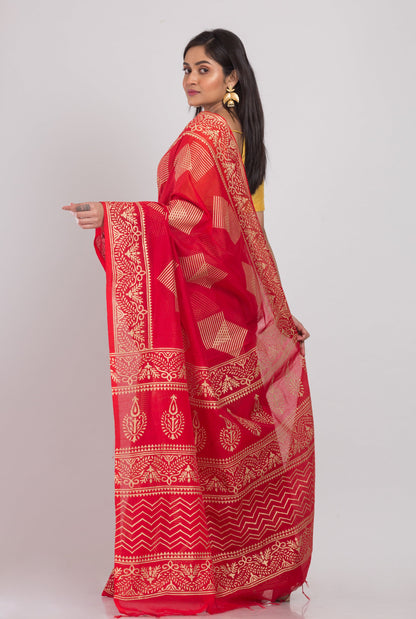 Women's Red Hand Woven Cotton Silk Printed Saree