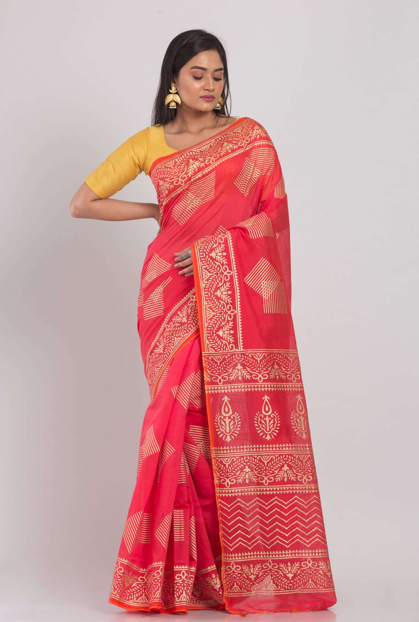 Women's Tometa Red Hand Woven Cotton Silk Printed Saree
