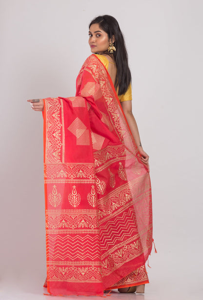 Women's Tometa Red Hand Woven Cotton Silk Printed Saree