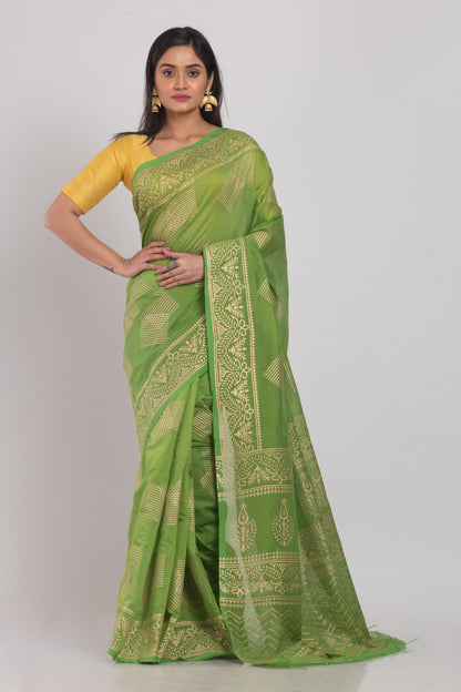 Women's Green Hand Woven Cotton Silk Printed Saree