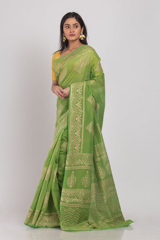 Women's Green Hand Woven Cotton Silk Printed Saree