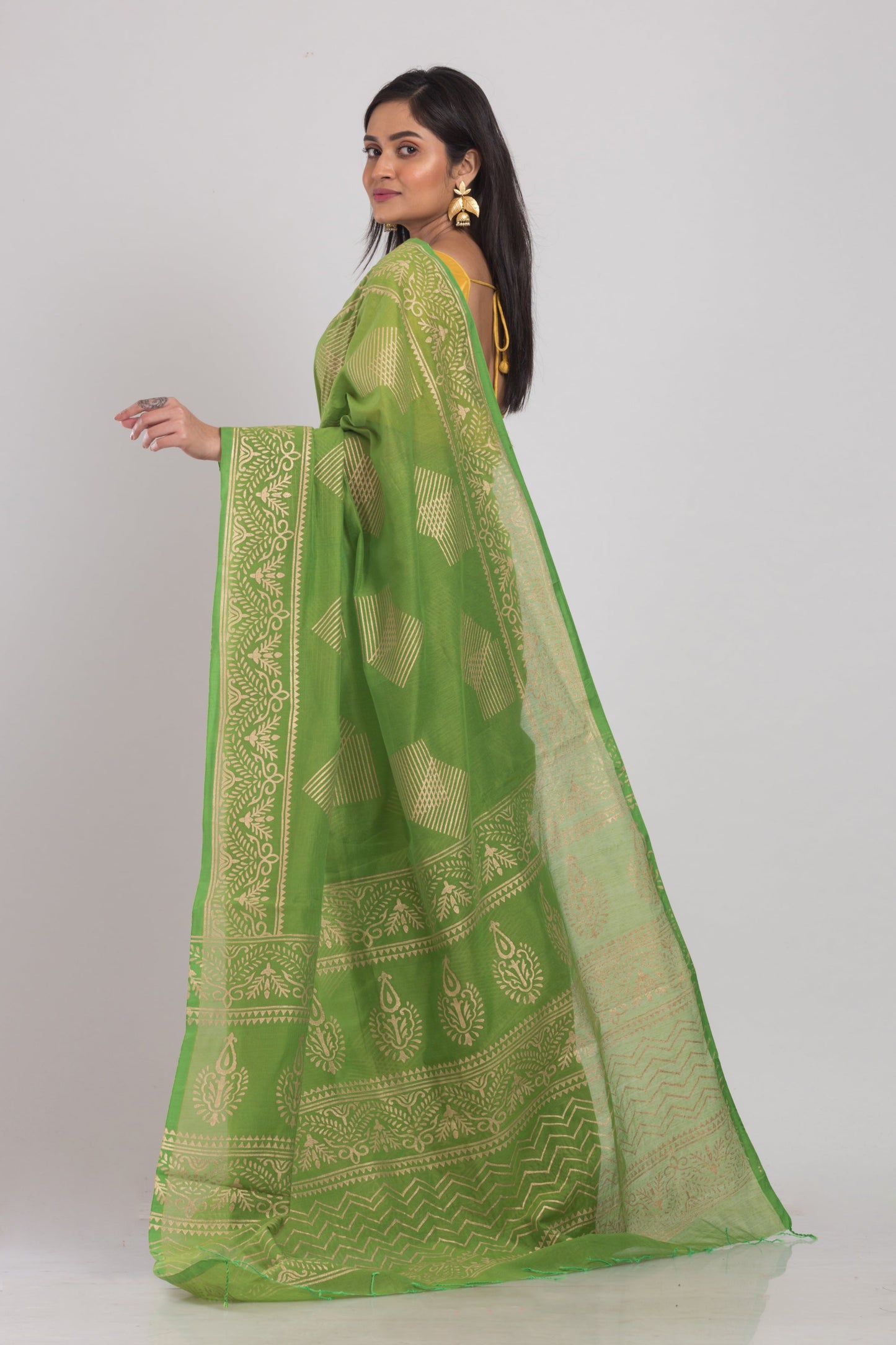 Women's Green Hand Woven Cotton Silk Printed Saree
