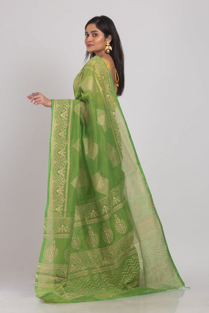 Women's Green Hand Woven Cotton Silk Printed Saree