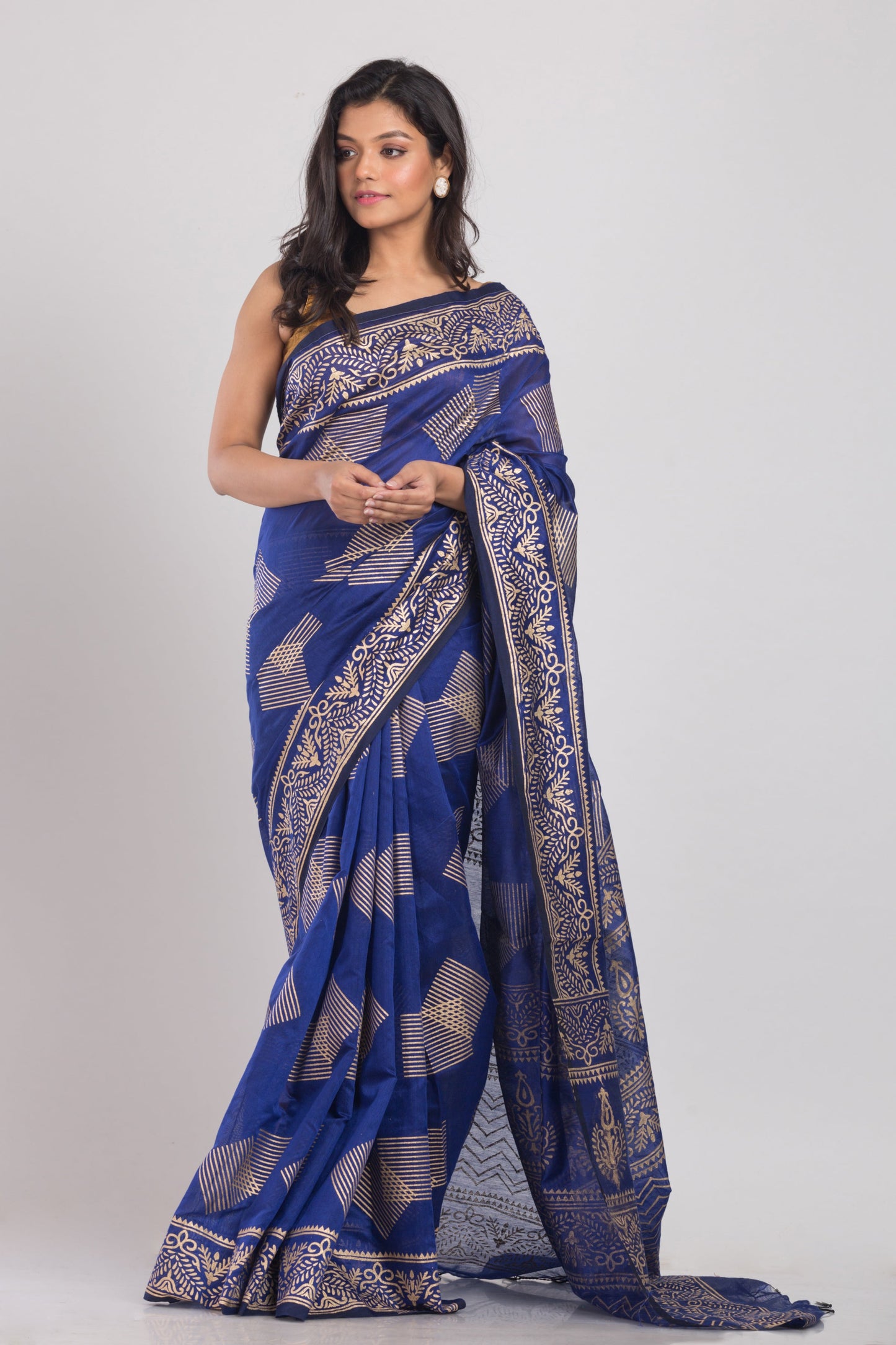 Women's Blue Hand Woven Cotton Silk Printed Saree