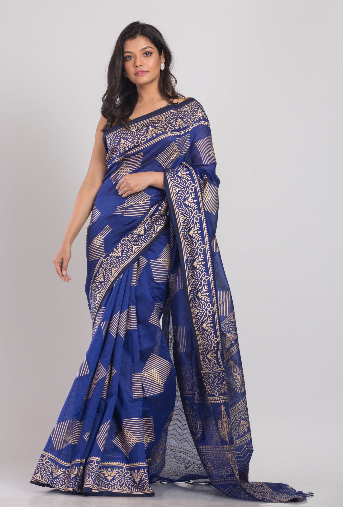 Women's Blue Hand Woven Cotton Silk Printed Saree