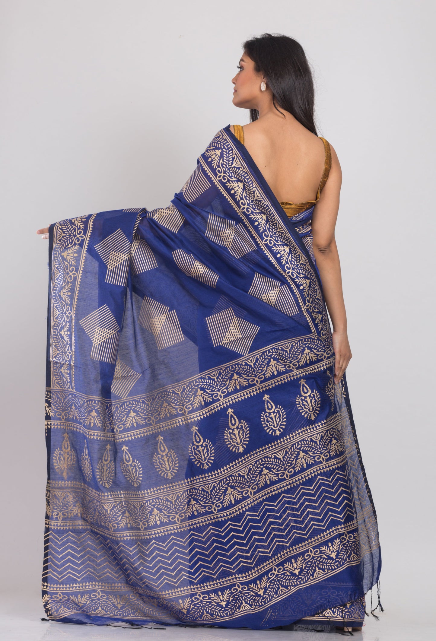 Women's Blue Hand Woven Cotton Silk Printed Saree