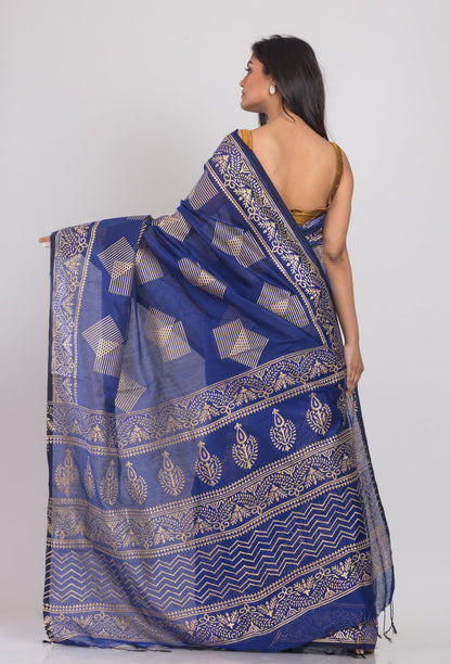 Women's Blue Hand Woven Cotton Silk Printed Saree