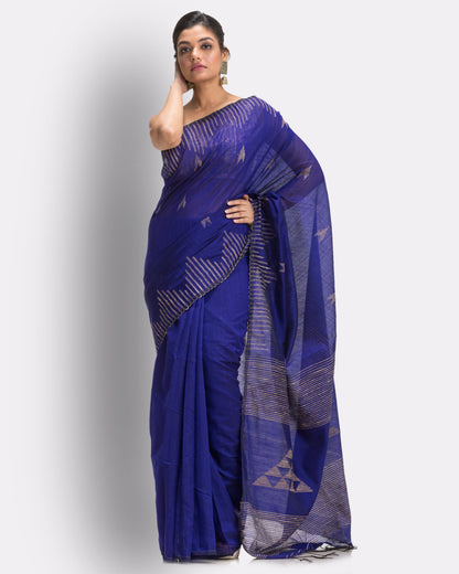 Women's Royel Blue Cotton Blend Handloom Saree