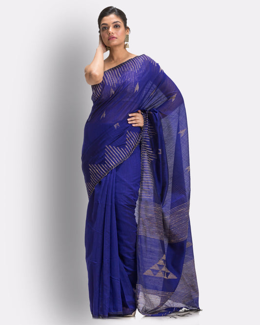 Women's Royel Blue Cotton Blend Handloom Saree