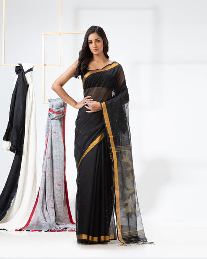 Women's Black Cotton Blend Handloom Jamdani Saree