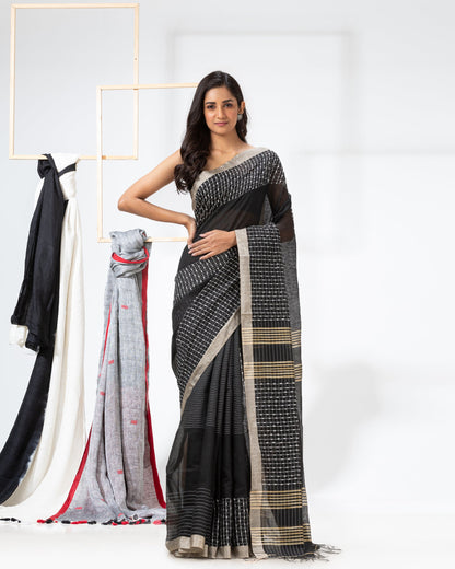 Women's Black Cotton Blend Handloom Saree