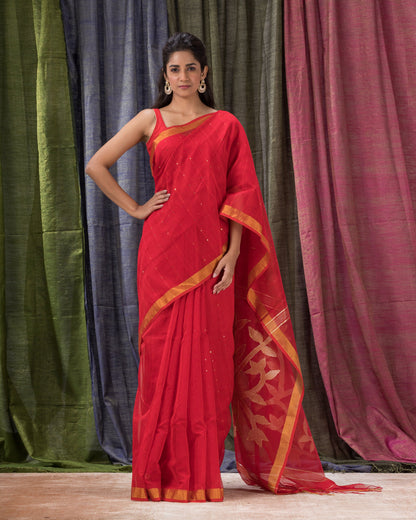 Women's Red Cotton Blend Handloom Jamdani Saree