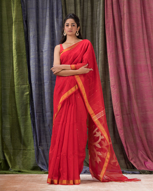 Women's Red Cotton Blend Handloom Jamdani Saree