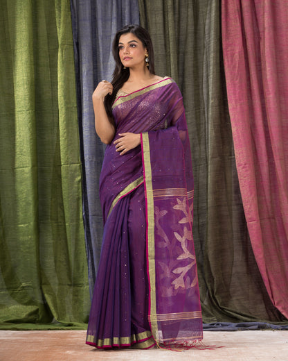 Women's Purple Cotton Blend Handloom Jamdani Saree