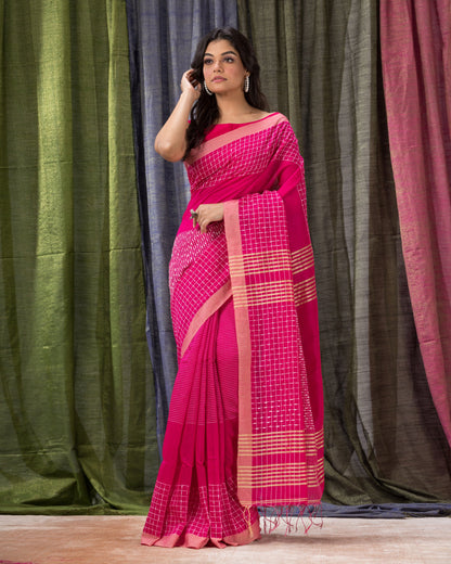 Women's Pink Cotton Blend Handloom Saree