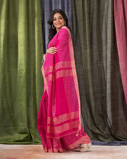 Women's Pink Cotton Blend Handloom Saree