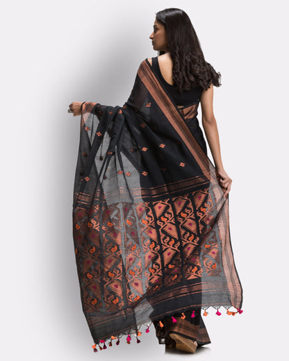 Women's Black Handloom Cotton Tangail Saree