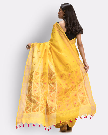 Women's Yellow Handloom Cotton Tangail Saree