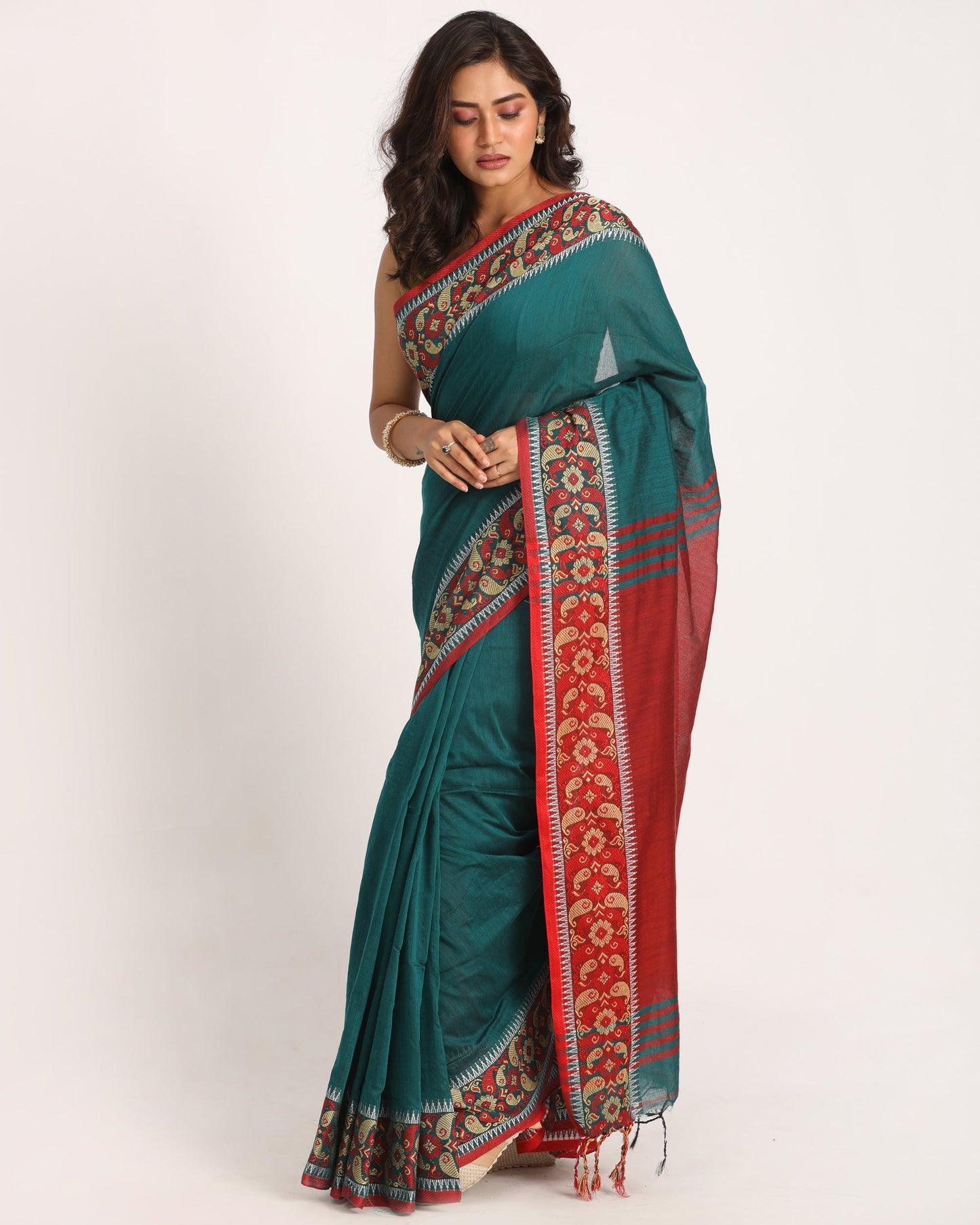 Women's Deep Teal Handloom Handspun Cotton Saree