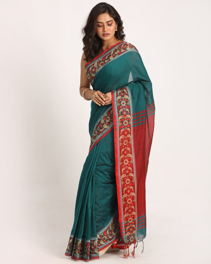 Women's Deep Teal Handloom Handspun Cotton Saree