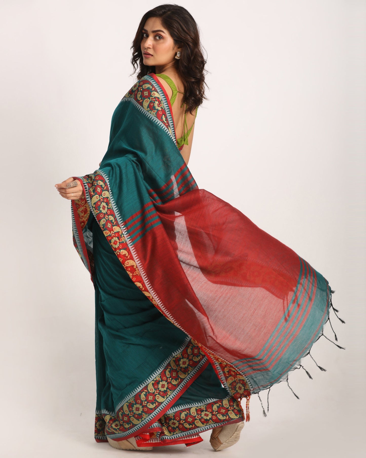 Women's Deep Teal Handloom Handspun Cotton Saree
