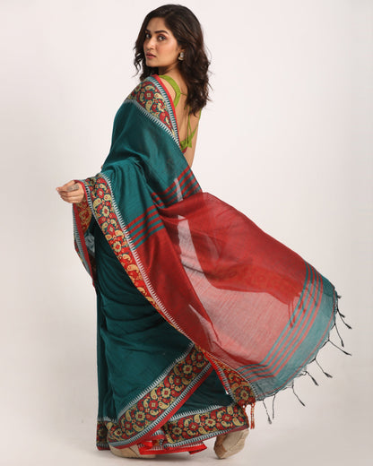Women's Deep Teal Handloom Handspun Cotton Saree