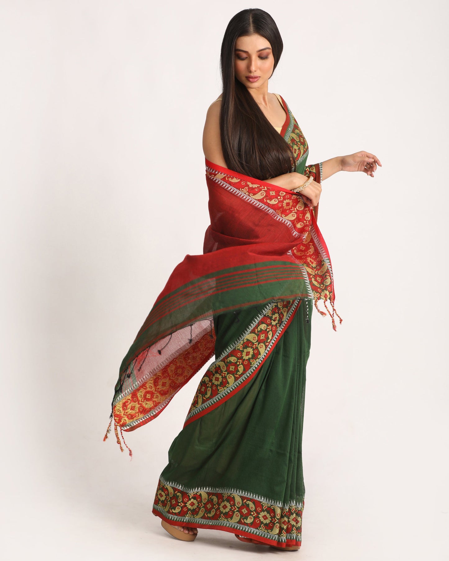 Women's Dark Green Handloom Handspun Cotton Saree