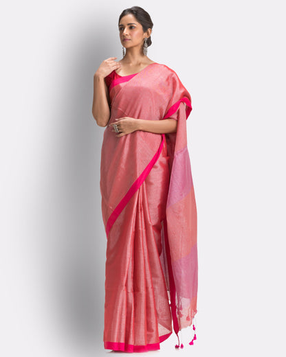 Women's Peach Hand Woven Cotton Blend Tissue Saree