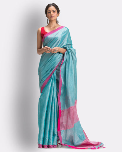 Women's Turquoise Hand Woven Cotton Blend Tissue Saree