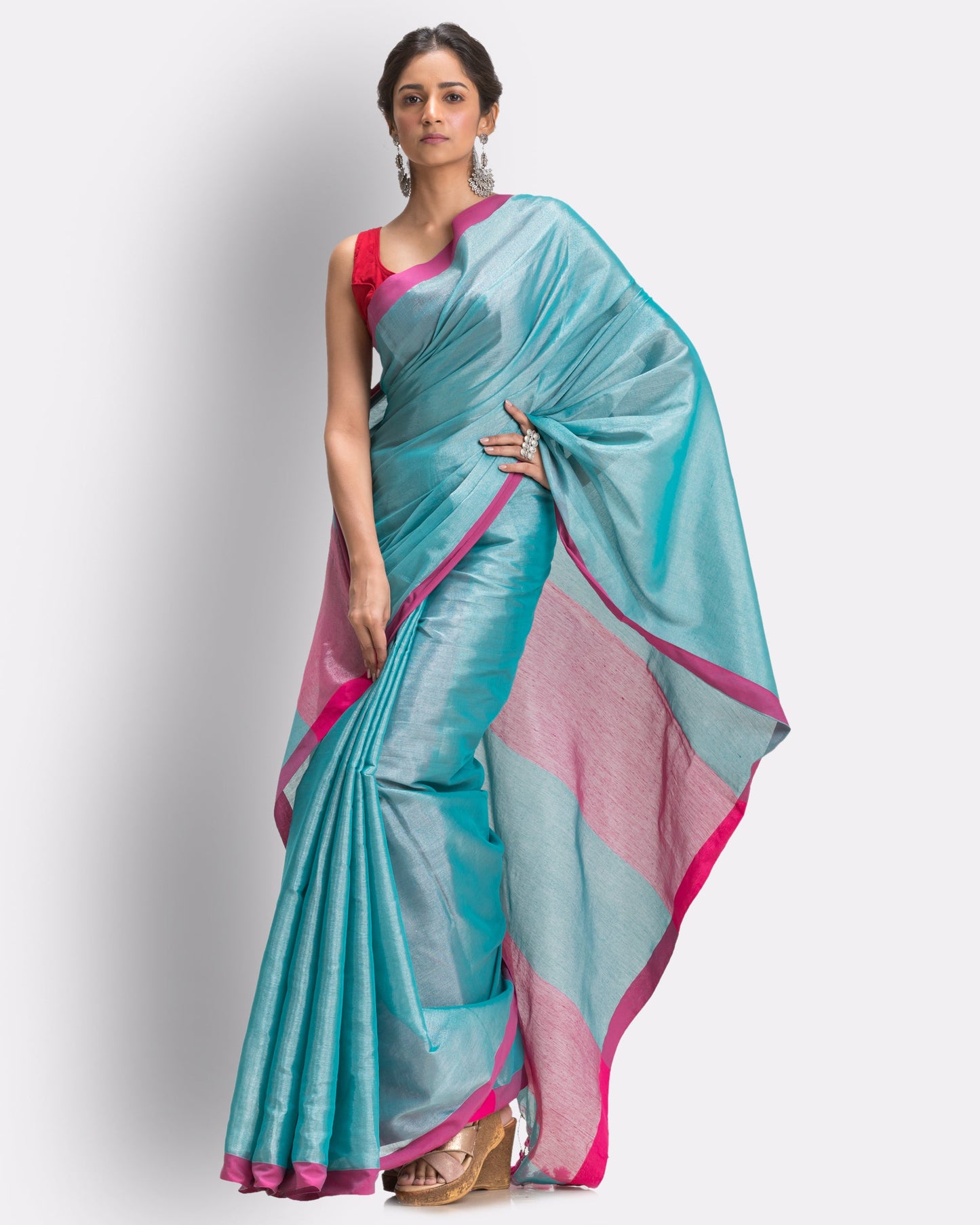 Women's Turquoise Hand Woven Cotton Blend Tissue Saree