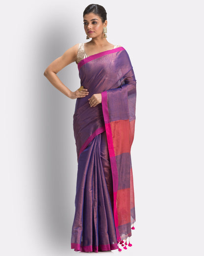 Women's Blue Hand Woven Cotton Blend Tissue Saree