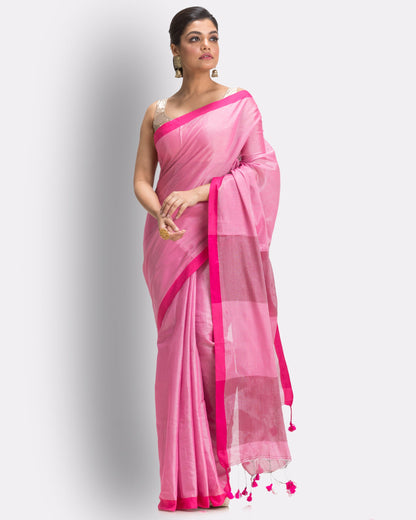 Women's Pink Hand Woven Cotton Blend Tissue Saree