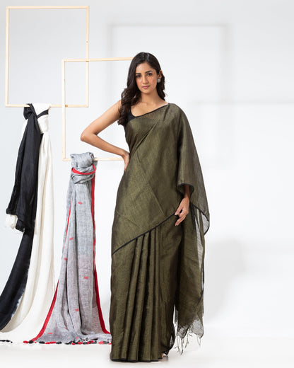 Women's Rifle Green Hand Woven Cotton Blend Tissue Saree