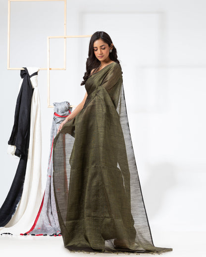 Women's Rifle Green Hand Woven Cotton Blend Tissue Saree