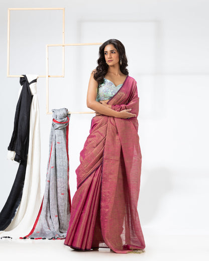 Women's Pink Hand Woven Cotton Blend Tissue Saree